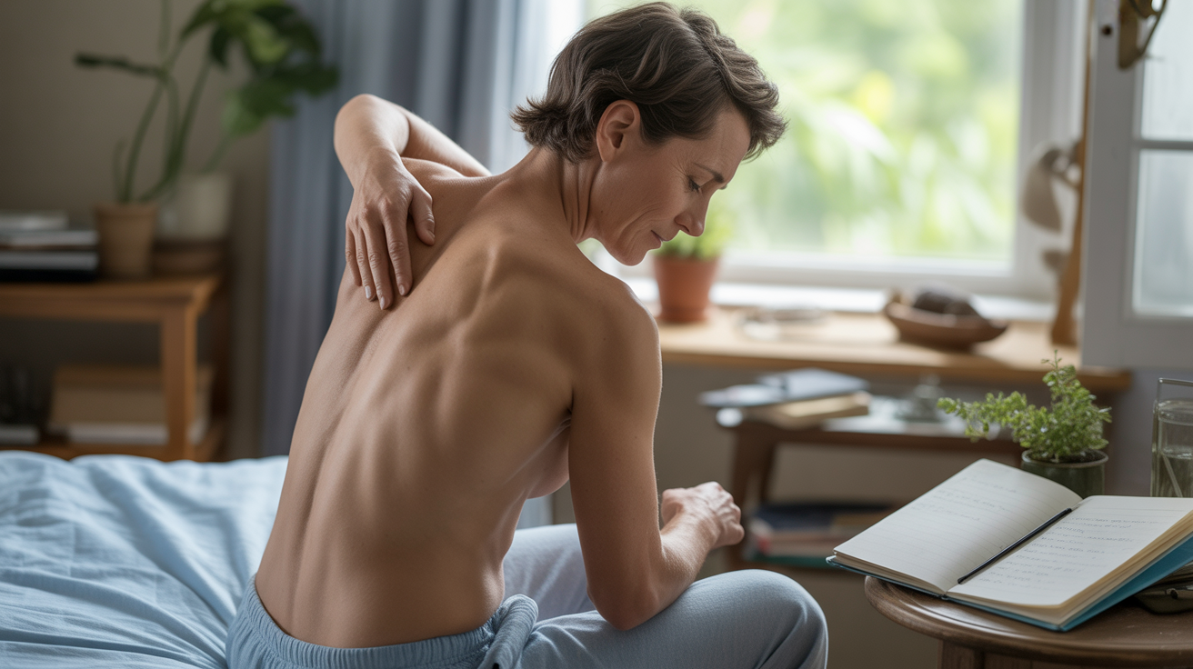 Personne assise au bord d’un lit, observant ses tensions corporelles dans une scène réaliste et naturelle symbolisant le lien entre émotions et maux du corps.