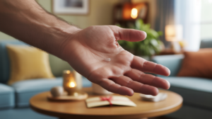 Gros plan réaliste d’une main droite qui se gratte la paume dans un intérieur chaleureux évoquant la générosité et la symbolique spirituelle.