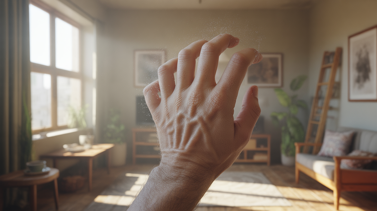 Main qui se gratte dans un intérieur ensoleillé, évoquant une réflexion spirituelle dans une scène réaliste et naturelle