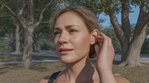 Femme touchant son oreille droite dans un parc ensoleillé avec une expression réfléchie, scène naturelle et réaliste.