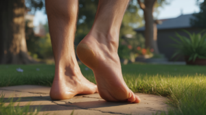 Personne debout pieds nus dans l’herbe en train de frotter la plante de son pied, dans une scène naturelle et réaliste évoquant une dimension spirituelle.
