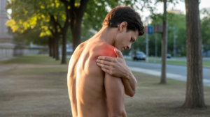 Personne dans un parc au lever du soleil touchant son trapèze avec un air pensif, illustrant le poids émotionnel et spirituel porté.