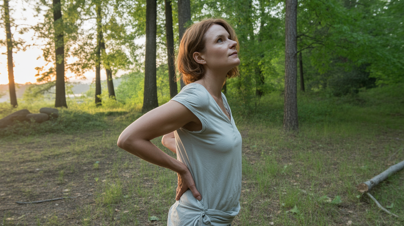 Femme dans une clairière au lever du soleil posant une main sur le bas du dos dans un moment de réflexion intérieure, scène naturelle et réaliste.