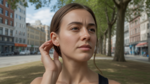 Femme touchant délicatement son oreille gauche dans un parc urbain, avec une expression introspective et un environnement naturel et réaliste.