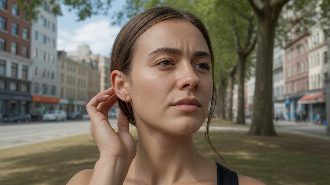 Femme touchant délicatement son oreille gauche dans un parc urbain, avec une expression introspective et un environnement naturel et réaliste.