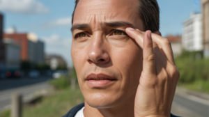 Personne réaliste en extérieur touchant délicatement la zone des yeux, exprimant une réflexion intérieure et une dimension émotionnelle.