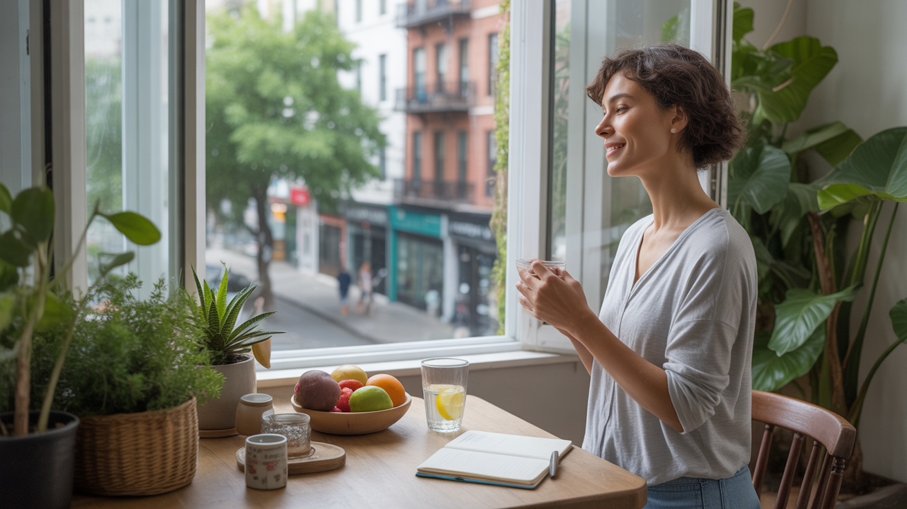 Femme ouvrant sa fenêtre le matin dans un intérieur lumineux et naturel, entourée de plantes, fruits frais et objets de bien-être.
