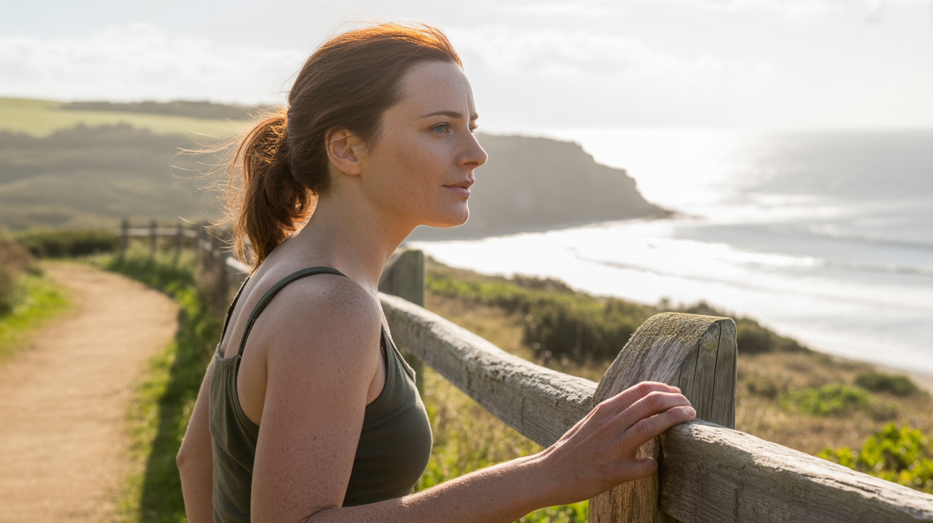 Femme marchant au lever du soleil près d'une côte, exprimant une libération émotionnelle et un nouveau départ.