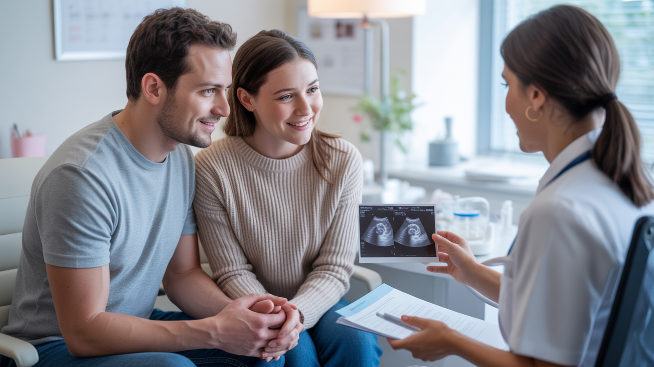 Scène réaliste dans une clinique de fertilité où un couple consulte une spécialiste montrant une échographie suggérant une grossesse gémellaire.
