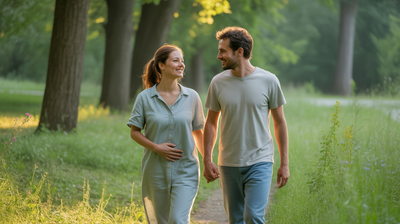 Couple marchant dans un parc au petit matin, souriants et détendus, dans une ambiance naturelle évoquant la fertilité et l’espoir de conception.