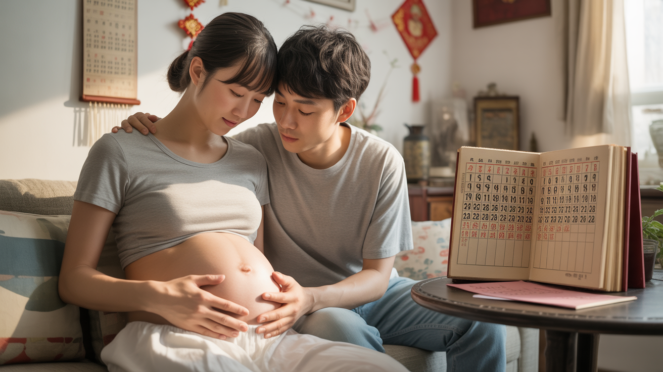 Couple attendant un bébé observant un calendrier chinois traditionnel dans un intérieur chaleureux, évoquant la curiosité autour de la prédiction de jumeaux.