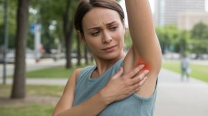Femme touchant délicatement son aisselle gauche dans un parc urbain, montrant une légère gêne dans un cadre naturel et réaliste.