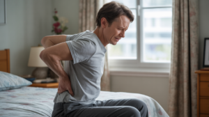 Personne assise sur le bord d'un lit, montrant une gêne musculaire générale dans une scène réaliste et naturelle.