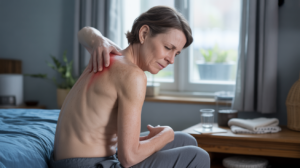 Personne assise dans une pièce réelle, se massant l'épaule et le bas du dos pour illustrer une douleur diffuse dans tout le corps, dans un environnement naturel et authentique.