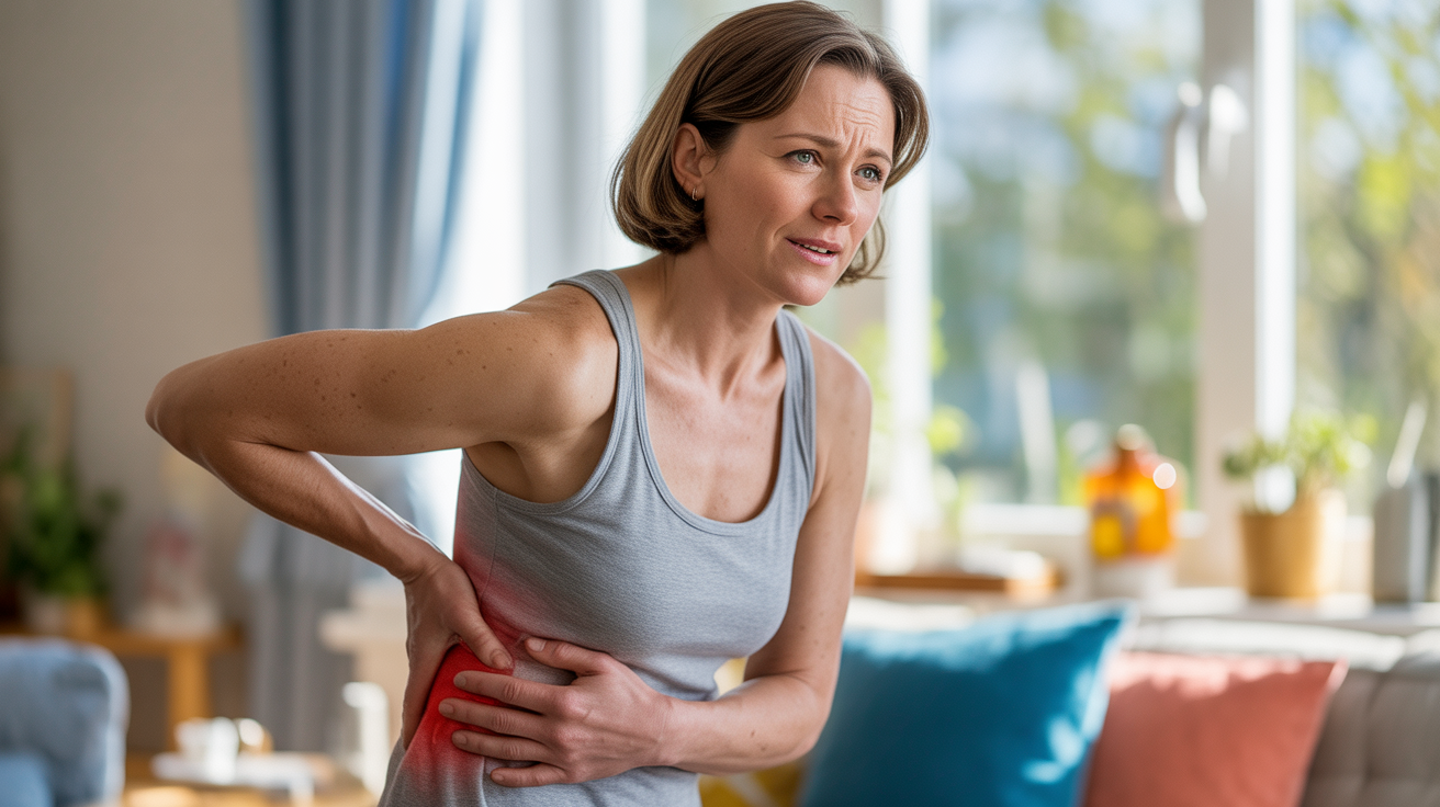 Femme réaliste tenant son côté droit avec une expression légère d’inconfort dans un intérieur naturel et lumineux.