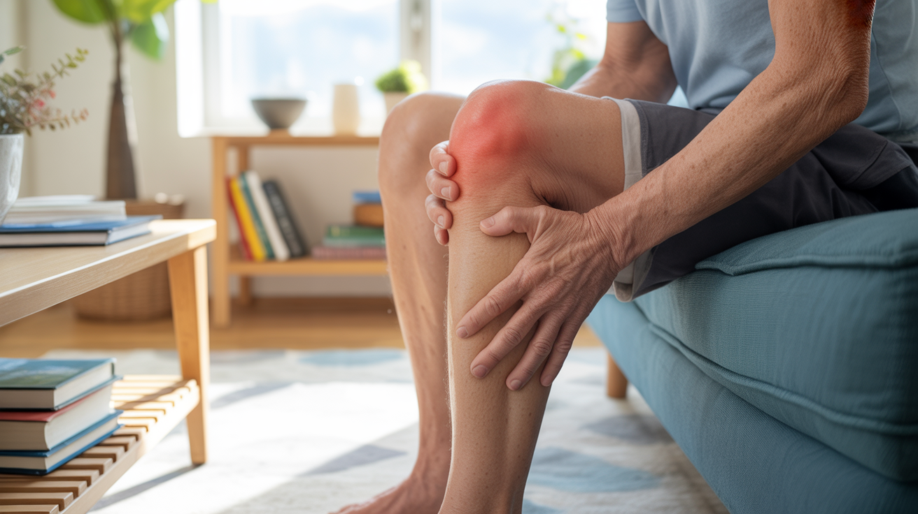 Personne d’âge moyen assise dans un salon lumineux tenant son genou et montrant une gêne dans plusieurs articulations dans une scène réaliste et naturelle.