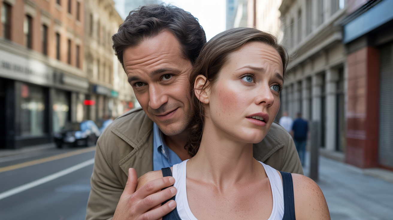 Scène urbaine réaliste montrant une femme inquiète et un homme au comportement subtilement manipulateur, illustrant une tension psychologique.