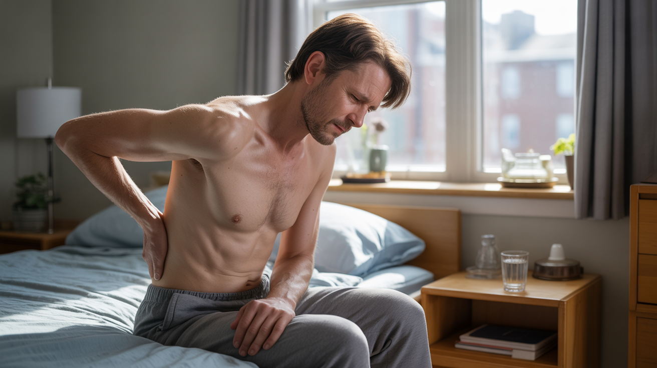 Personne assise au bord d’un lit dans une chambre réaliste, montrant une fatigue profonde et une douleur diffuse dans tout le corps.