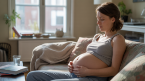 Femme enceinte de jumeaux, assise dans un salon réel et lumineux, montrant une fatigue authentique tout en reposant ses mains sur son ventre.