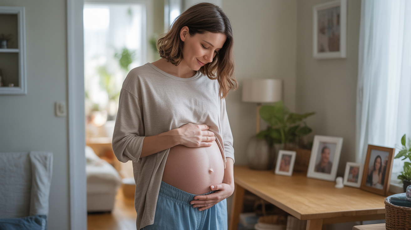 Femme enceinte de deux mois portant des jumeaux, touchant doucement son ventre dans un intérieur chaleureux et naturel.