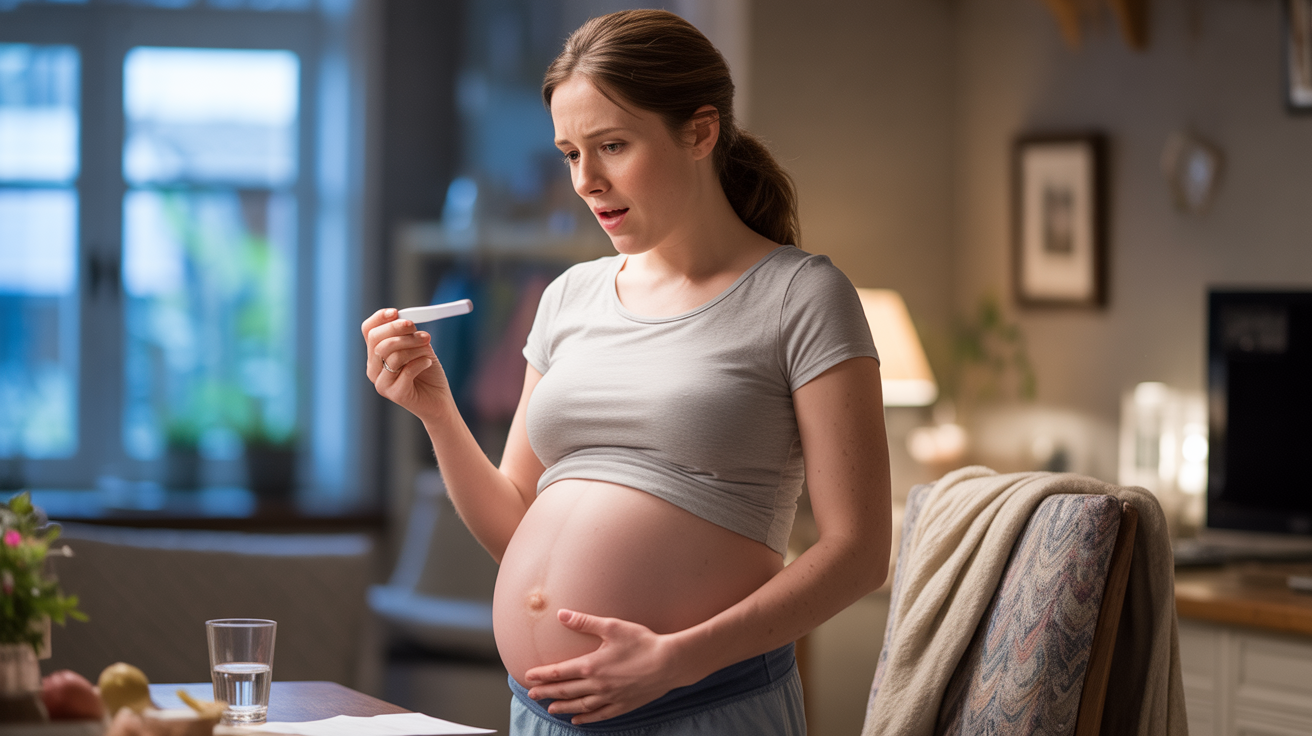 Femme découvrant les premiers signes d’une grossesse gémellaire dans un intérieur naturel et lumineux.