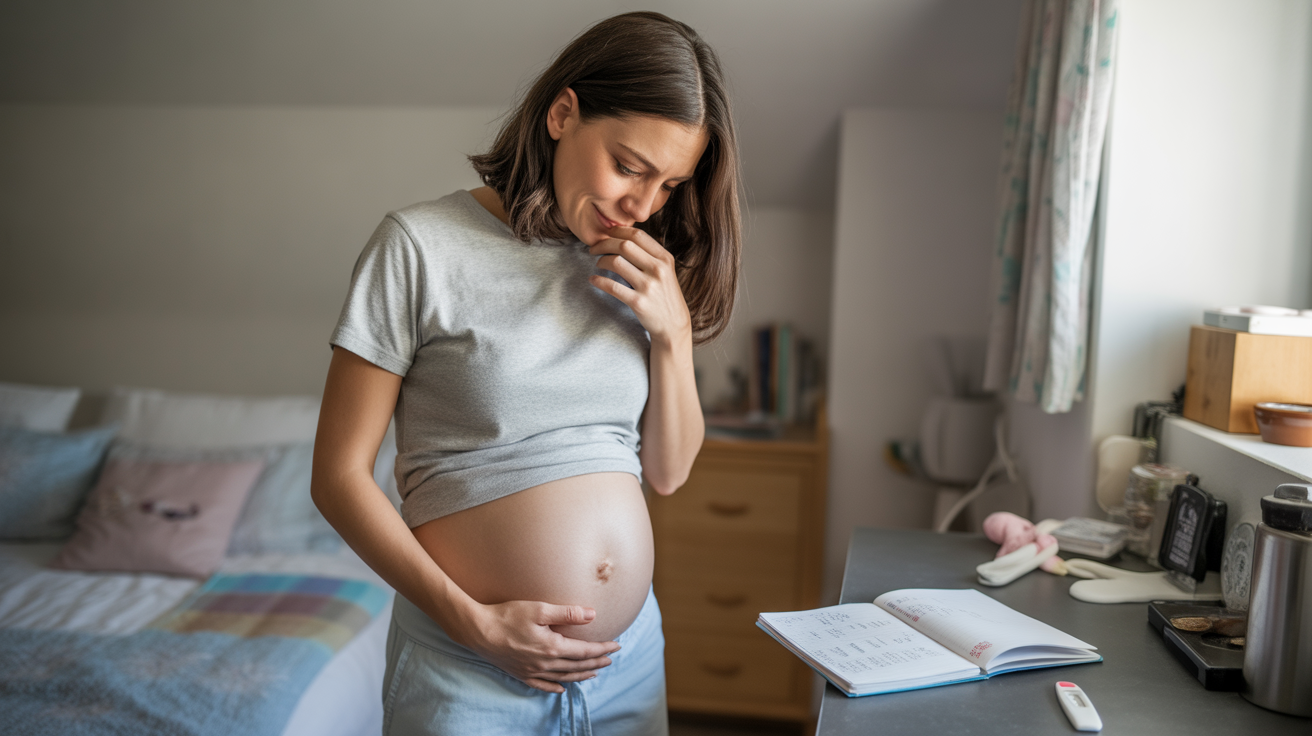 Jeune femme émue dans une chambre lumineuse observant les premiers signes d’une grossesse gémellaire, dans une scène réaliste et naturelle.