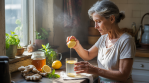 Femme préparant un remède naturel contre la fatigue dans une cuisine ensoleillée avec citron, gingembre, miel et herbes fraîches.