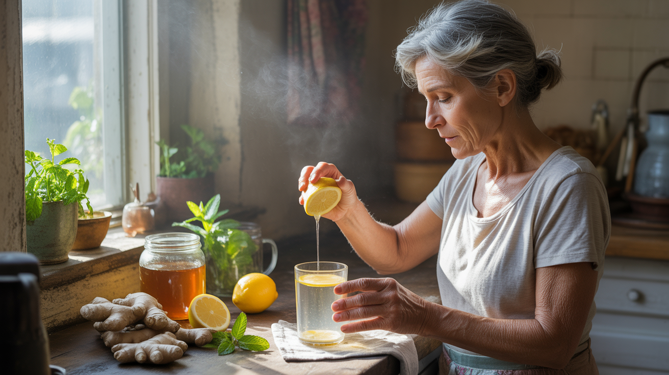 Femme préparant un remède naturel contre la fatigue dans une cuisine ensoleillée avec citron, gingembre, miel et herbes fraîches.