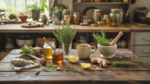 Scène réaliste d’une table en bois rustique avec des remèdes naturels traditionnels comme des herbes fraîches, du miel, du citron, du gingembre et une infusion chaude, dans une ambiance authentique et chaleureuse.