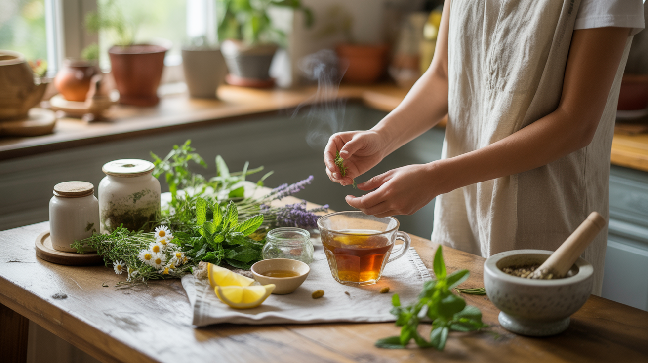 Scène réaliste d’une cuisine ensoleillée avec des herbes fraîches, une tisane et des mains préparant un remède naturel sur une table en bois.