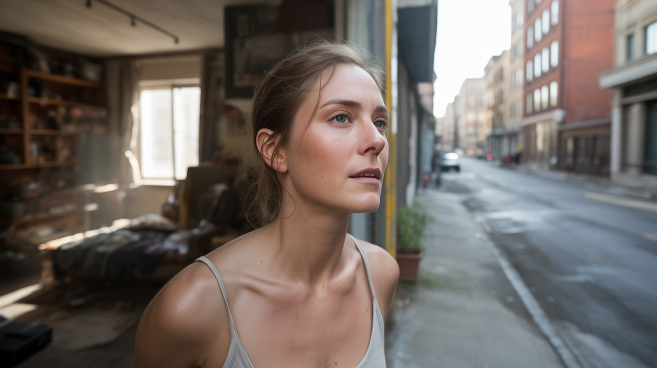 Femme quittant un appartement sombre pour rejoindre une rue lumineuse, symbolisant la libération et la reconstruction après une relation toxique.