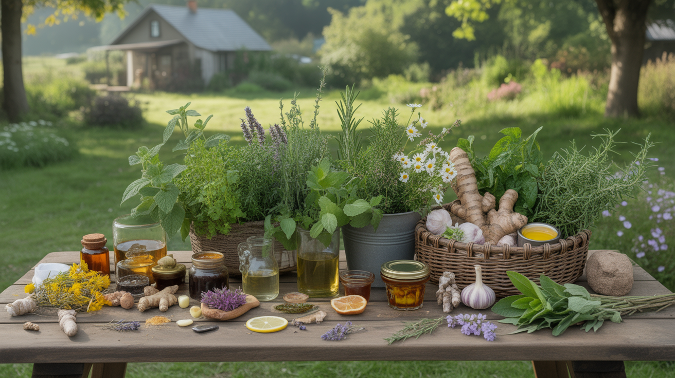 Table en bois dans un jardin ensoleillé remplie de plantes médicinales et remèdes naturels, atmosphère réaliste et apaisante