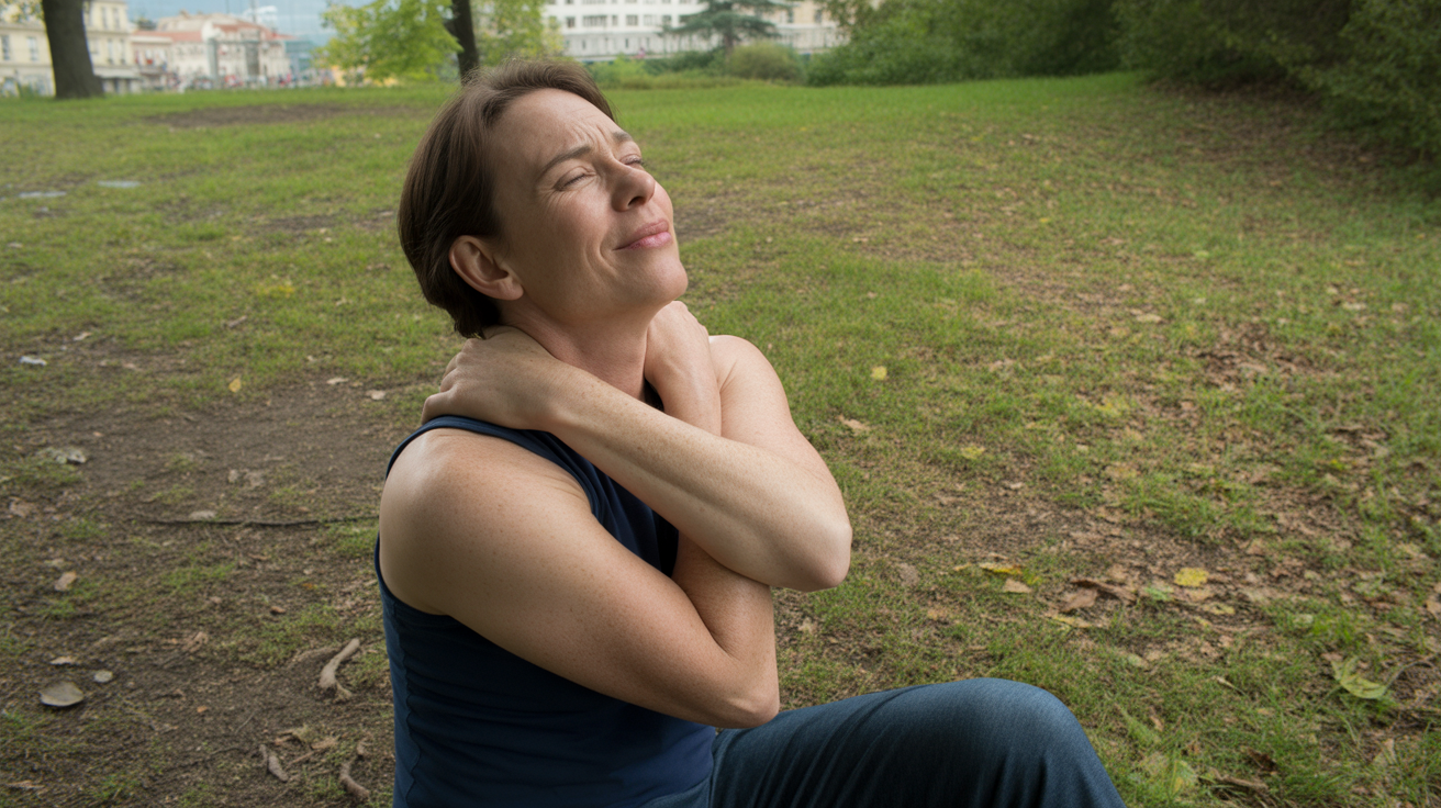 Personne assise dans un parc en train de s’étirer naturellement pour soulager des douleurs corporelles, dans un décor réaliste et authentique.