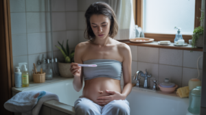 Femme assise dans une salle de bain lumineuse tenant un test de grossesse négatif et observant son ventre avec une expression pensive et douce.