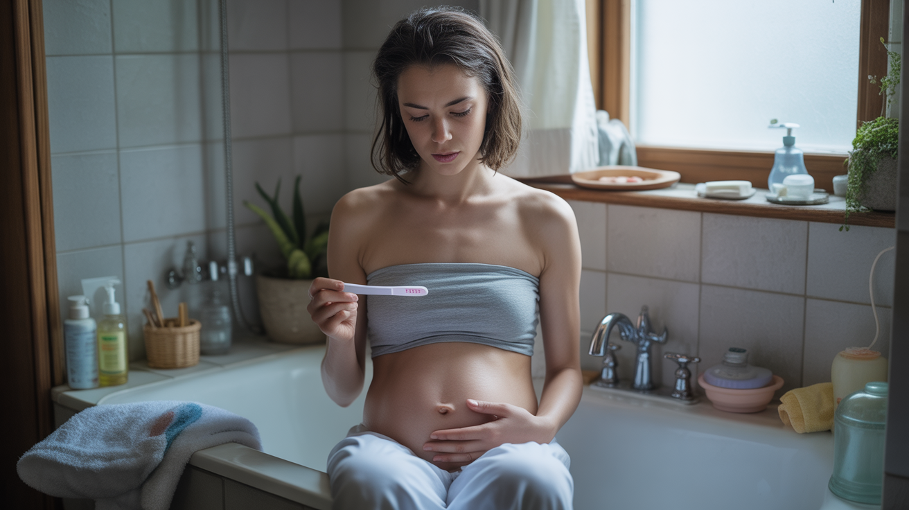 Femme assise dans une salle de bain lumineuse tenant un test de grossesse négatif et observant son ventre avec une expression pensive et douce.