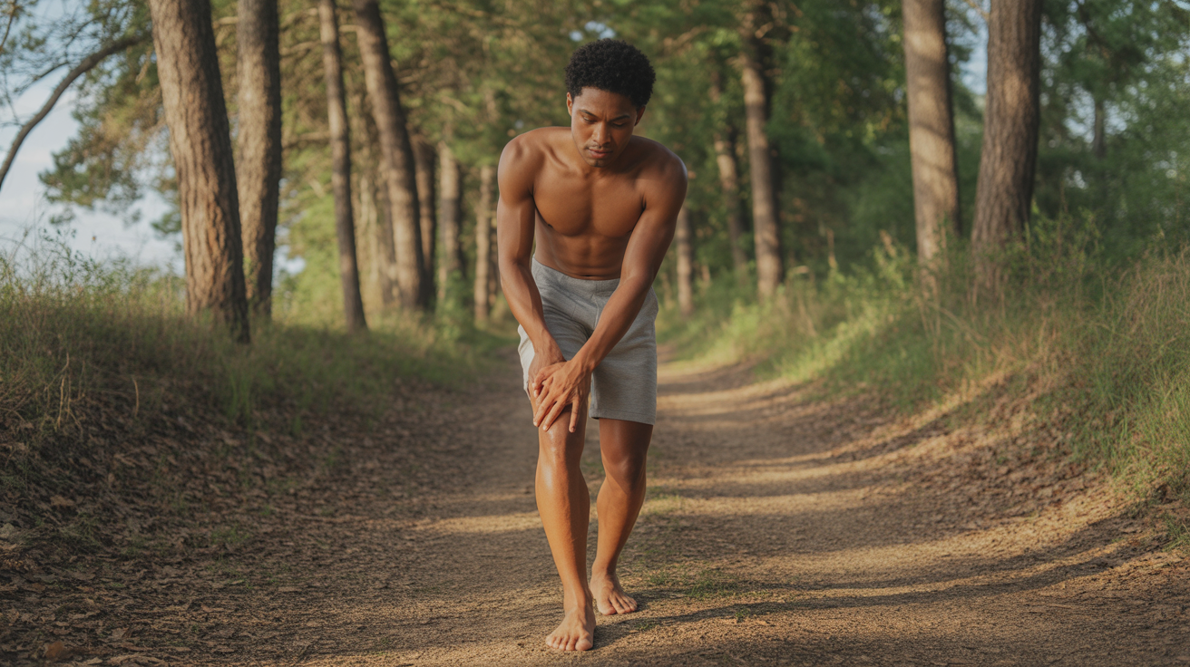 Personne réaliste sur un chemin forestier ensoleillé touchant sa jambe droite avec une expression réfléchie, symbolisant un chemin spirituel vers le futur.