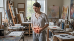 Femme réaliste dans un atelier d’artiste lumineux, les mains posées sur le bas‑ventre, symbolisant le lien entre sensation corporelle et créativité.