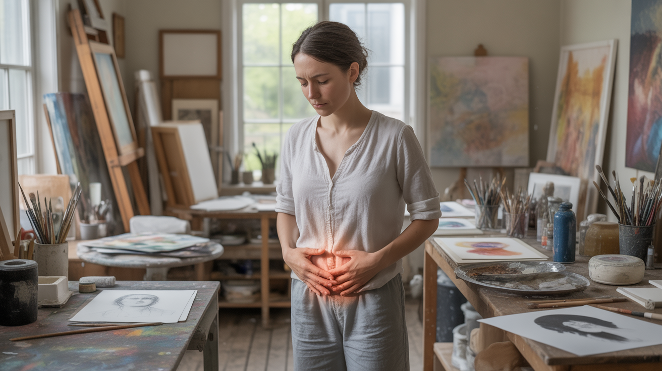 Femme réaliste dans un atelier d’artiste lumineux, les mains posées sur le bas‑ventre, symbolisant le lien entre sensation corporelle et créativité.