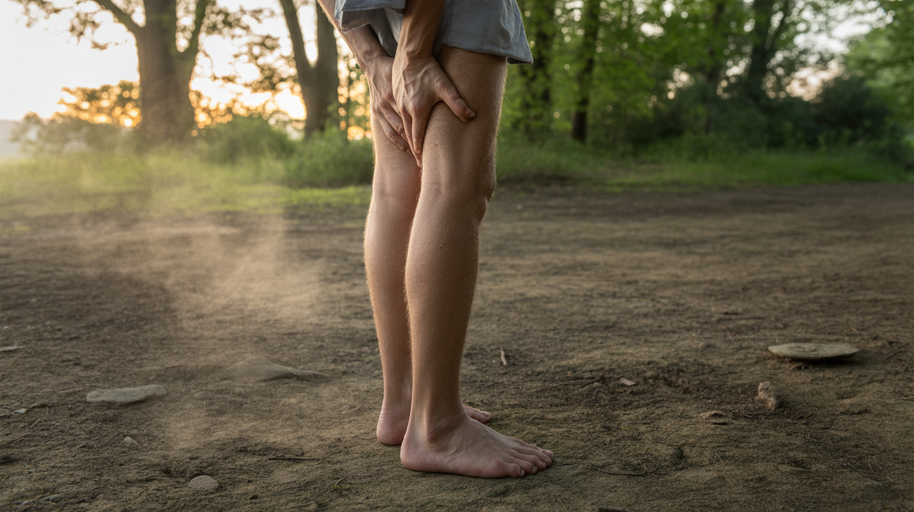 Personne debout pieds nus dans une clairière forestière au lever du soleil, touchant doucement la zone du sacrum dans une scène naturelle et réaliste évoquant l’ancrage.