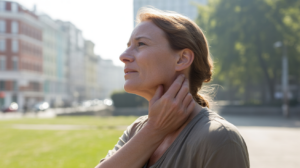 Personne réaliste dans un parc urbain touchant son cou avec une expression introspective, évoquant la tension liée à la communication.