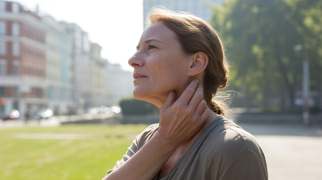 Personne réaliste dans un parc urbain touchant son cou avec une expression introspective, évoquant la tension liée à la communication.
