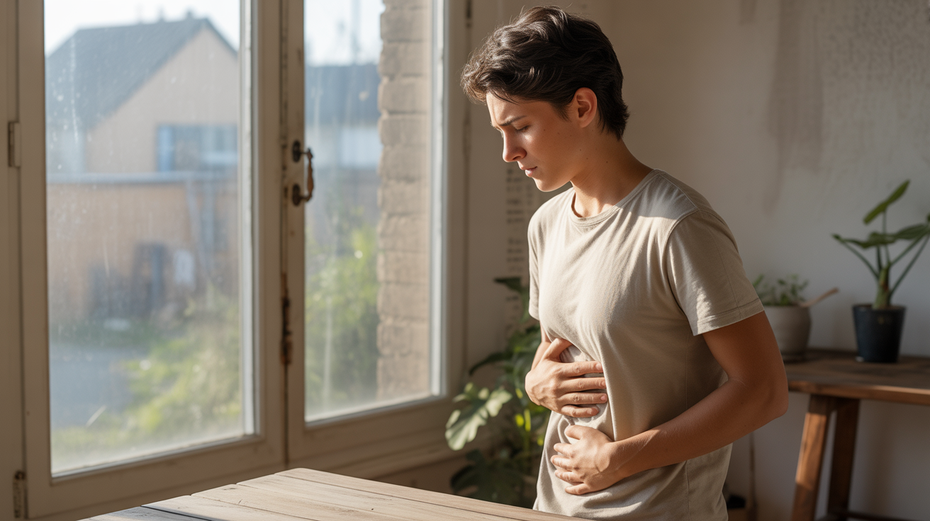 Personne réfléchissant près d’une fenêtre, main sur l’estomac, dans une scène réaliste et naturelle évoquant la dimension émotionnelle de la douleur abdominale.