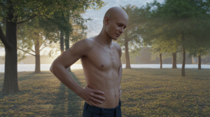 Personne dans un parc au lever du soleil touchant légèrement sa hanche droite avec une expression introspective, scène naturelle et réaliste.