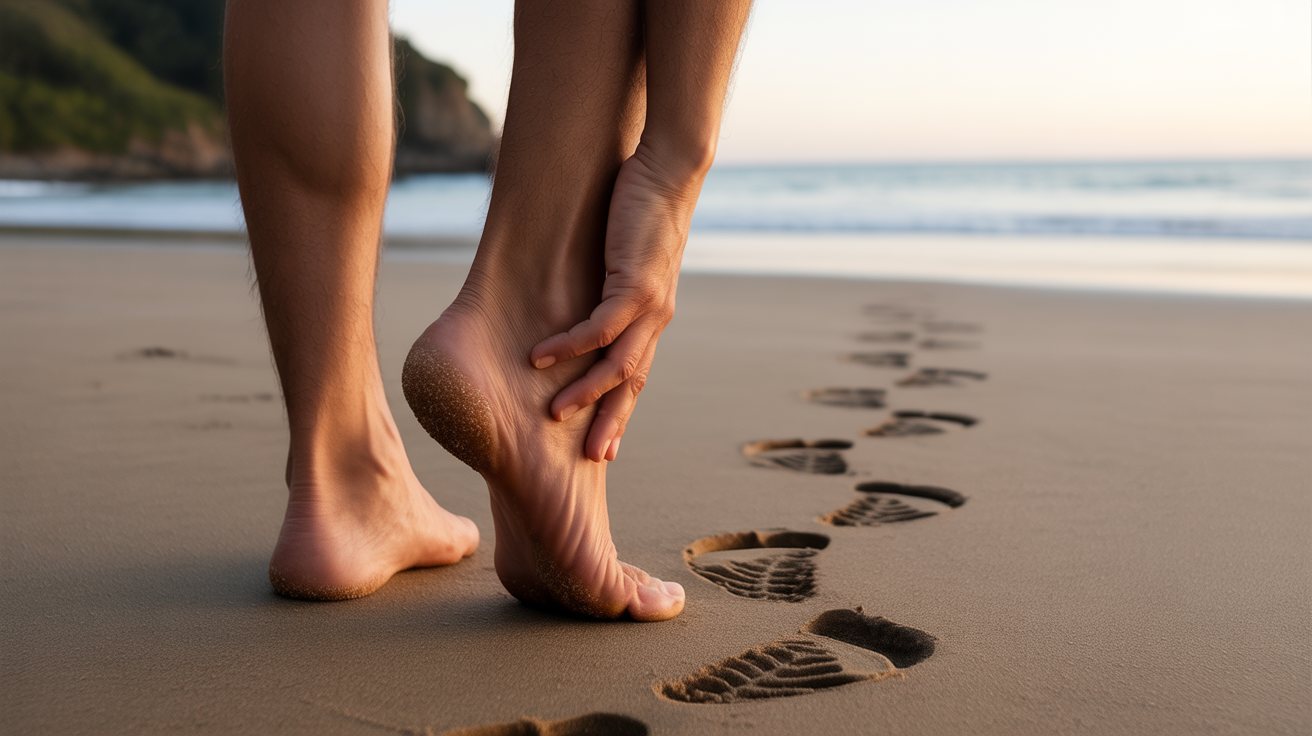 Personne debout sur une plage au lever du soleil tenant son talon avec une expression réfléchie, symbolisant la douleur au talon et sa dimension émotionnelle et spirituelle.