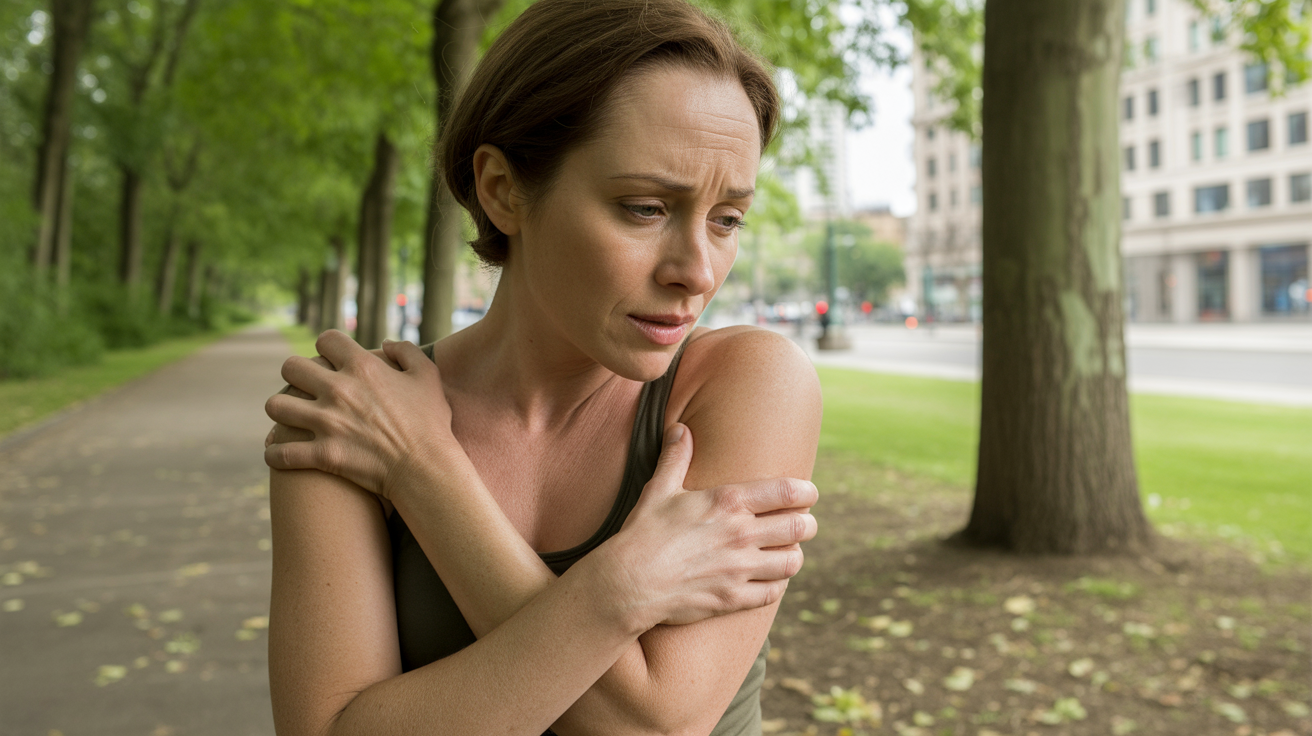 Femme pensive tenant son bras gauche dans un parc, illustrant le lien entre émotion et douleur.