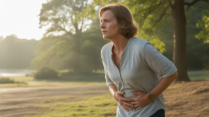 Personne réaliste en pleine réflexion dans un paysage naturel, une main posée sur le bas-ventre, évoquant la digestion émotionnelle et la signification spirituelle des douleurs intestinales.
