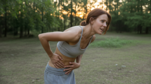 Femme en pleine nature au lever du soleil touchant la zone du psoas, exprimant une introspection profonde et un lien entre douleur physique et peurs intérieures.