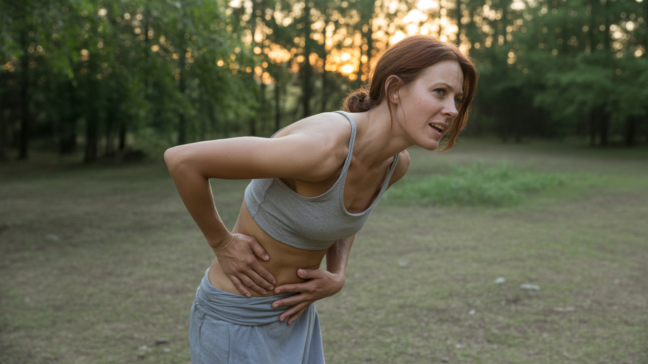 Femme en pleine nature au lever du soleil touchant la zone du psoas, exprimant une introspection profonde et un lien entre douleur physique et peurs intérieures.