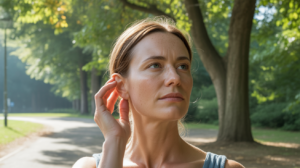 Femme en extérieur touchant délicatement son oreille droite dans un moment d’introspection, dans un décor naturel et réaliste.
