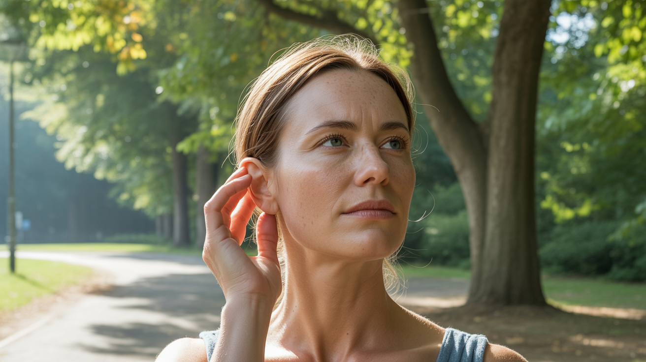 Femme en extérieur touchant délicatement son oreille droite dans un moment d’introspection, dans un décor naturel et réaliste.